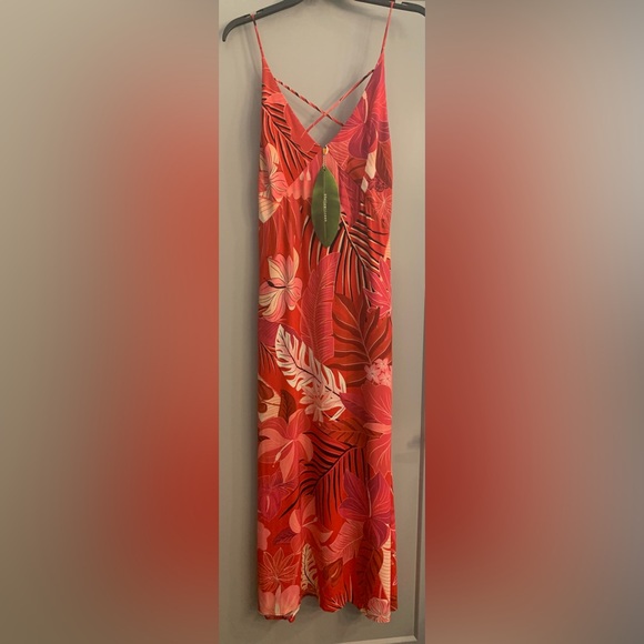 Farm Rio Philipa Maxi Dress size Large Red Tropical Floral Palm Leaf Print Boho - Picture 4 of 14